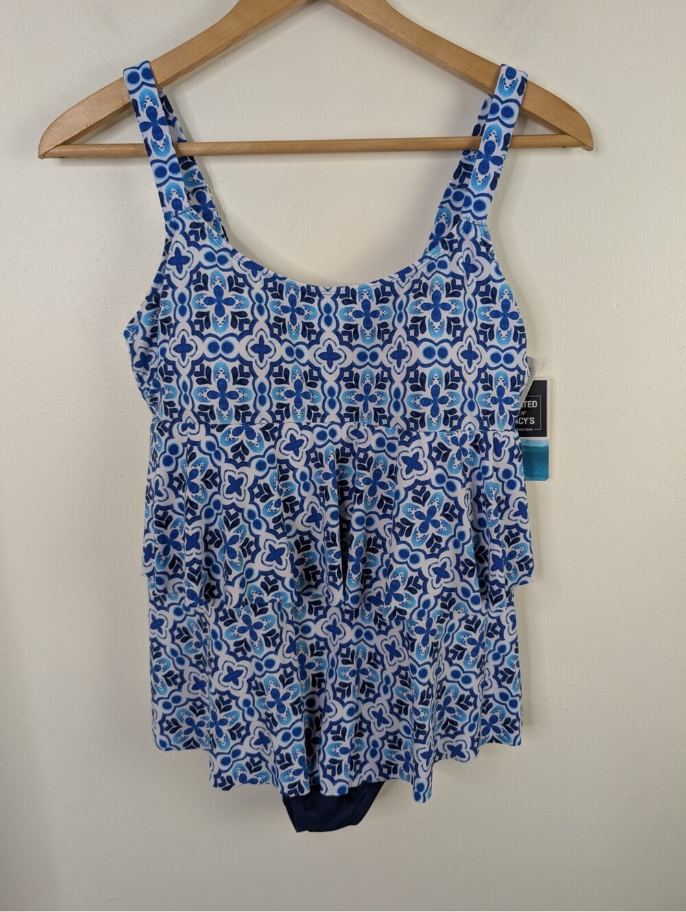 Swim Solutions Size 12 High Low Double Tier Fauxkini Blue And White Nwt